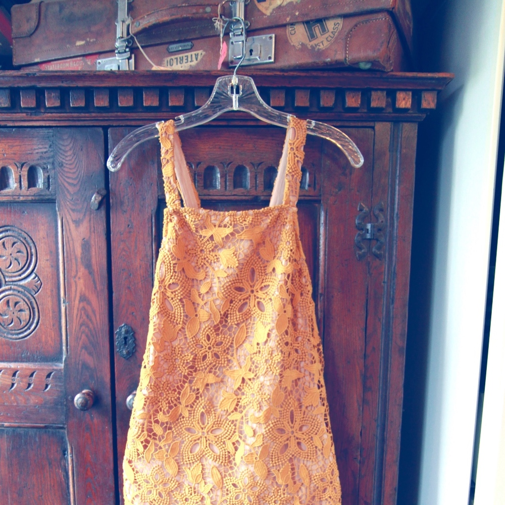 WAYF Mustard crochet slip dress, lined cross back